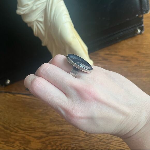 Vintage Large Oval DARK Blue Chunky Cabochon 925 Sterling Silver MEXICO Ring - Picture 4 of 16